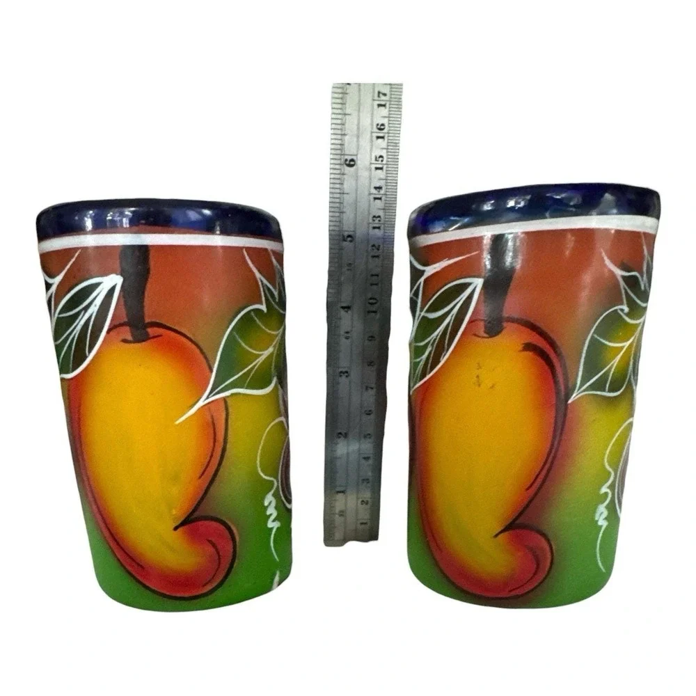 Vintage Mexican Hand Blown Painted Fruit Glass Tumblers Cobalt Blue Rim Set